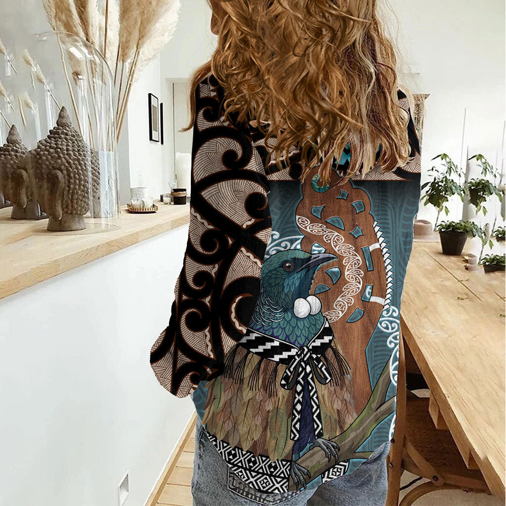New Zealand Tui Bird Maripi Women Casual Shirt Maori Weapon Kowhaiwhai Pattern