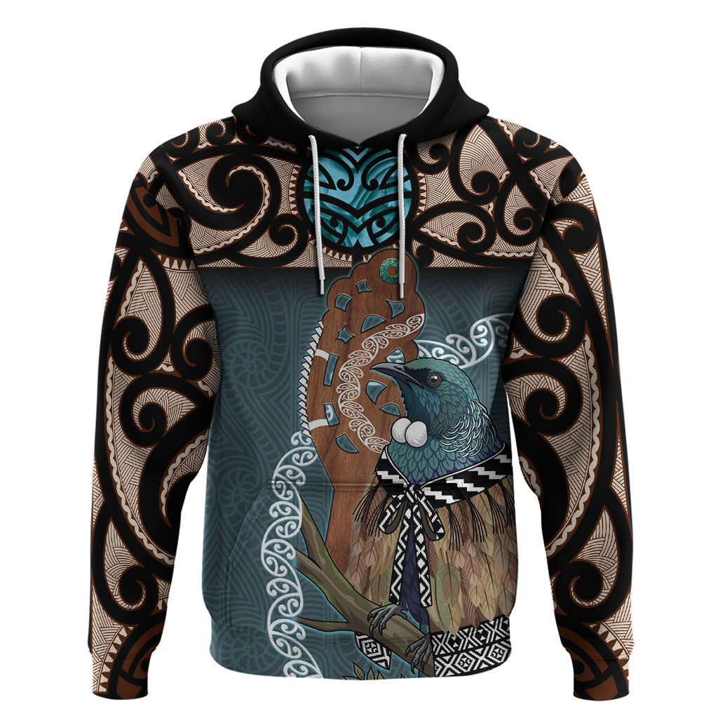 New Zealand Tui Bird Maripi Zip Hoodie Maori Weapon Kowhaiwhai Pattern