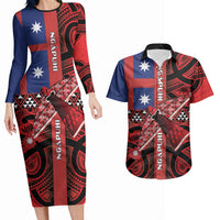 Aotearoa Iwi Ngapuhi Couples Matching Long Sleeve Bodycon Dress and Hawaiian Shirt Tuhoronuku Kite United Tribes Flag Maori Pattern