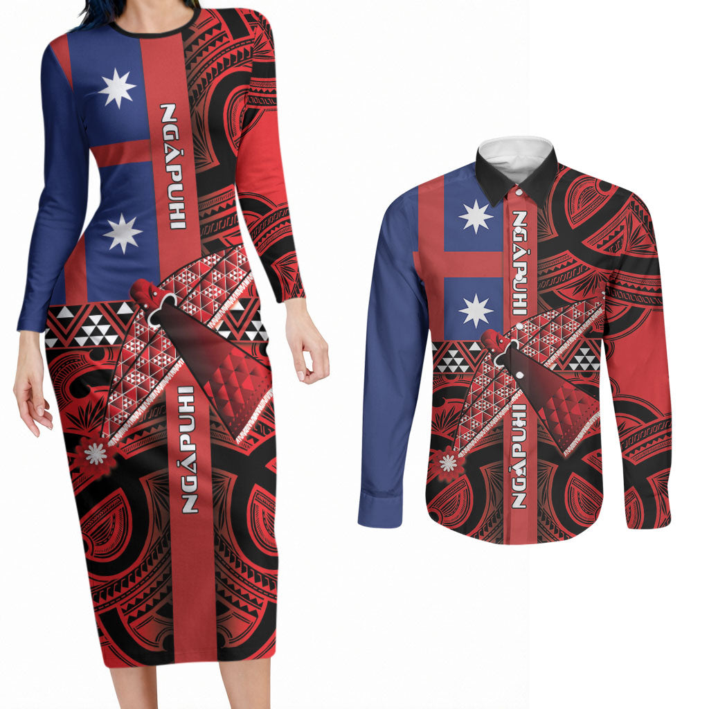 Aotearoa Iwi Ngapuhi Couples Matching Long Sleeve Bodycon Dress and Long Sleeve Button Shirt Tuhoronuku Kite United Tribes Flag Maori Pattern