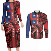 Aotearoa Iwi Ngapuhi Couples Matching Long Sleeve Bodycon Dress and Long Sleeve Button Shirt Tuhoronuku Kite United Tribes Flag Maori Pattern