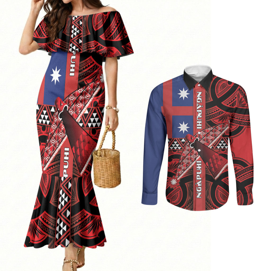 Aotearoa Iwi Ngapuhi Couples Matching Mermaid Dress and Long Sleeve Button Shirt Tuhoronuku Kite United Tribes Flag Maori Pattern