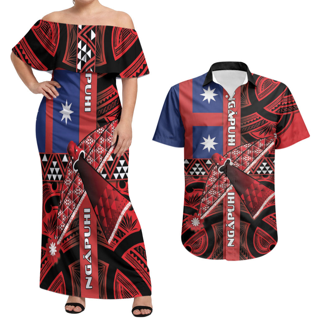 Aotearoa Iwi Ngapuhi Couples Matching Off Shoulder Maxi Dress and Hawaiian Shirt Tuhoronuku Kite United Tribes Flag Maori Pattern LT22 Red - Polynesian Pride