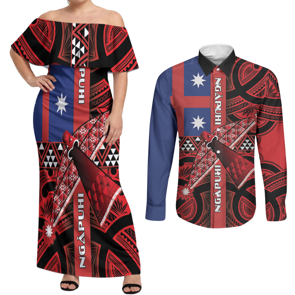 Aotearoa Iwi Ngapuhi Couples Matching Off Shoulder Maxi Dress and Long Sleeve Button Shirt Tuhoronuku Kite United Tribes Flag Maori Pattern