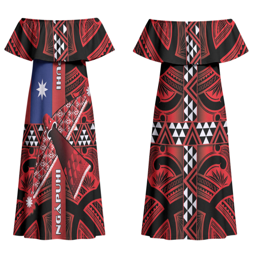 Aotearoa Iwi Ngapuhi Couples Matching Off Shoulder Maxi Dress and Long Sleeve Button Shirt Tuhoronuku Kite United Tribes Flag Maori Pattern