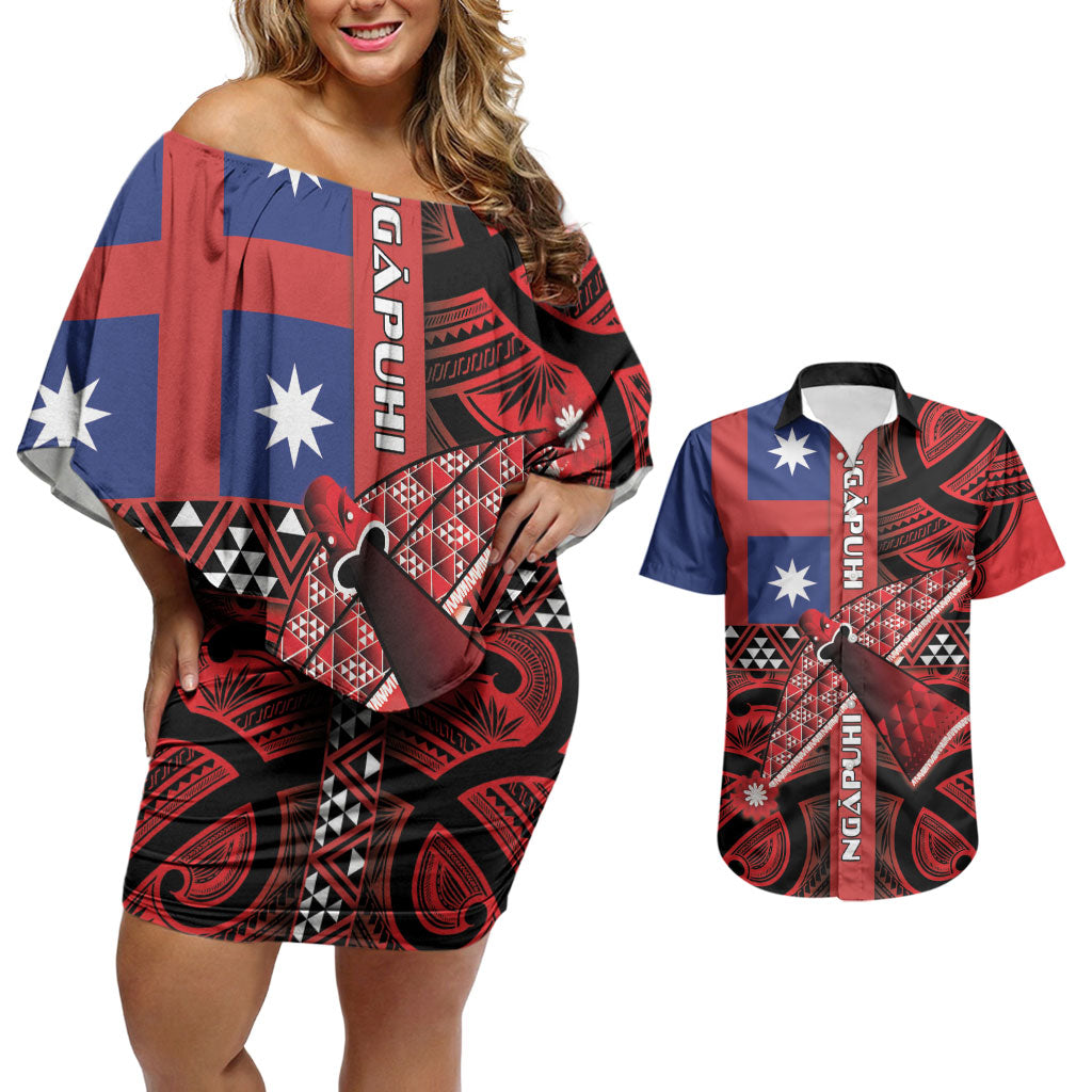 Aotearoa Iwi Ngapuhi Couples Matching Off Shoulder Short Dress and Hawaiian Shirt Tuhoronuku Kite United Tribes Flag Maori Pattern LT22 Red - Polynesian Pride