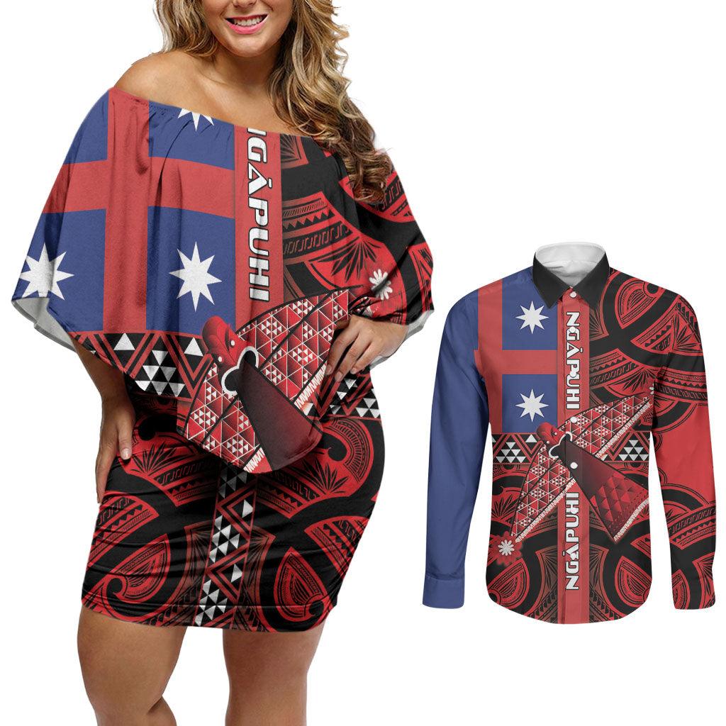 Aotearoa Iwi Ngapuhi Couples Matching Off Shoulder Short Dress and Long Sleeve Button Shirt Tuhoronuku Kite United Tribes Flag Maori Pattern LT22 Red - Polynesian Pride