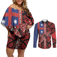 Aotearoa Iwi Ngapuhi Couples Matching Off Shoulder Short Dress and Long Sleeve Button Shirt Tuhoronuku Kite United Tribes Flag Maori Pattern