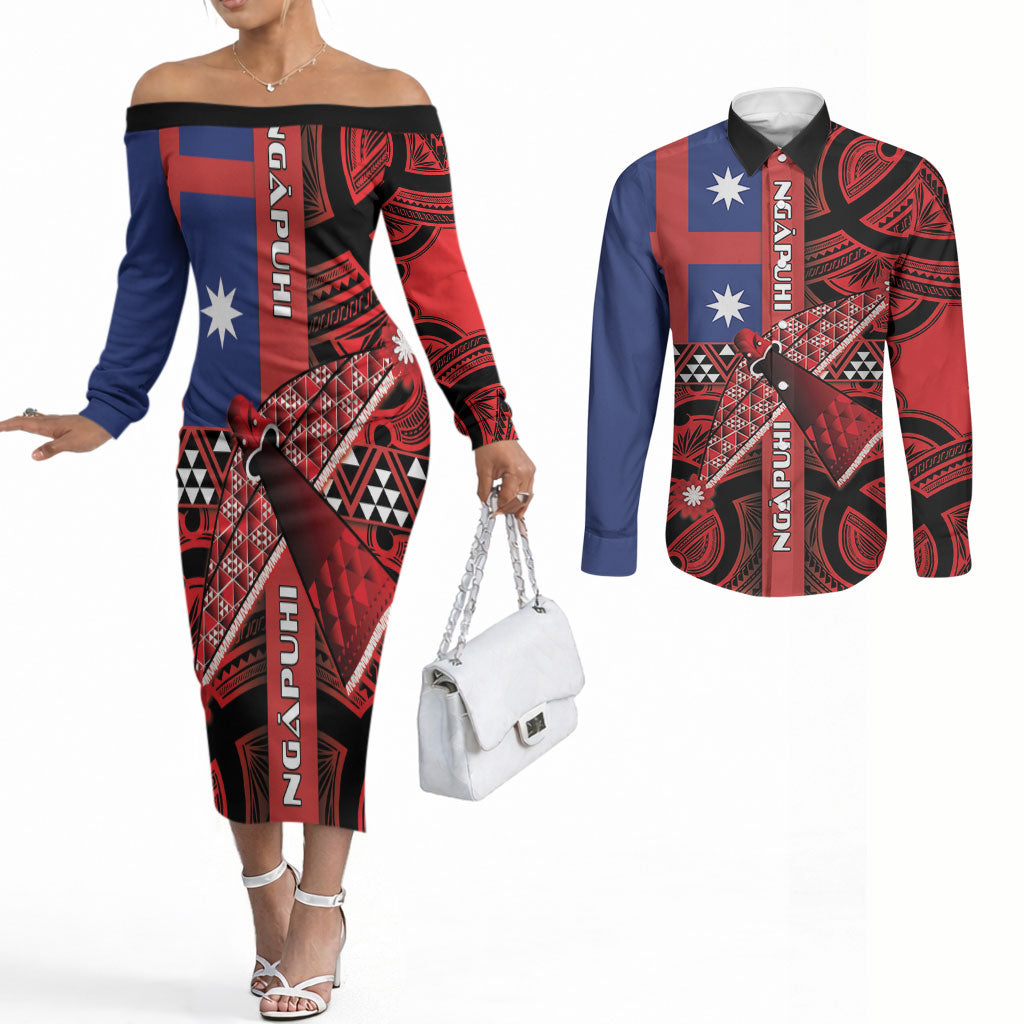 Aotearoa Iwi Ngapuhi Couples Matching Off The Shoulder Long Sleeve Dress and Long Sleeve Button Shirt Tuhoronuku Kite United Tribes Flag Maori Pattern