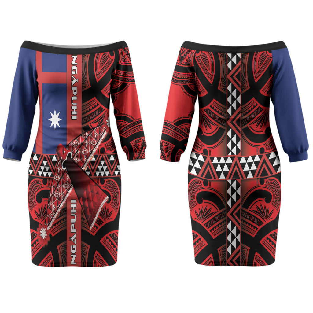 Aotearoa Iwi Ngapuhi Couples Matching Off The Shoulder Long Sleeve Dress and Long Sleeve Button Shirt Tuhoronuku Kite United Tribes Flag Maori Pattern