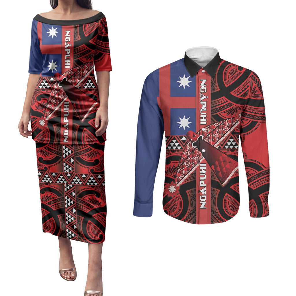 Aotearoa Iwi Ngapuhi Couples Matching Puletasi and Long Sleeve Button Shirt Tuhoronuku Kite United Tribes Flag Maori Pattern