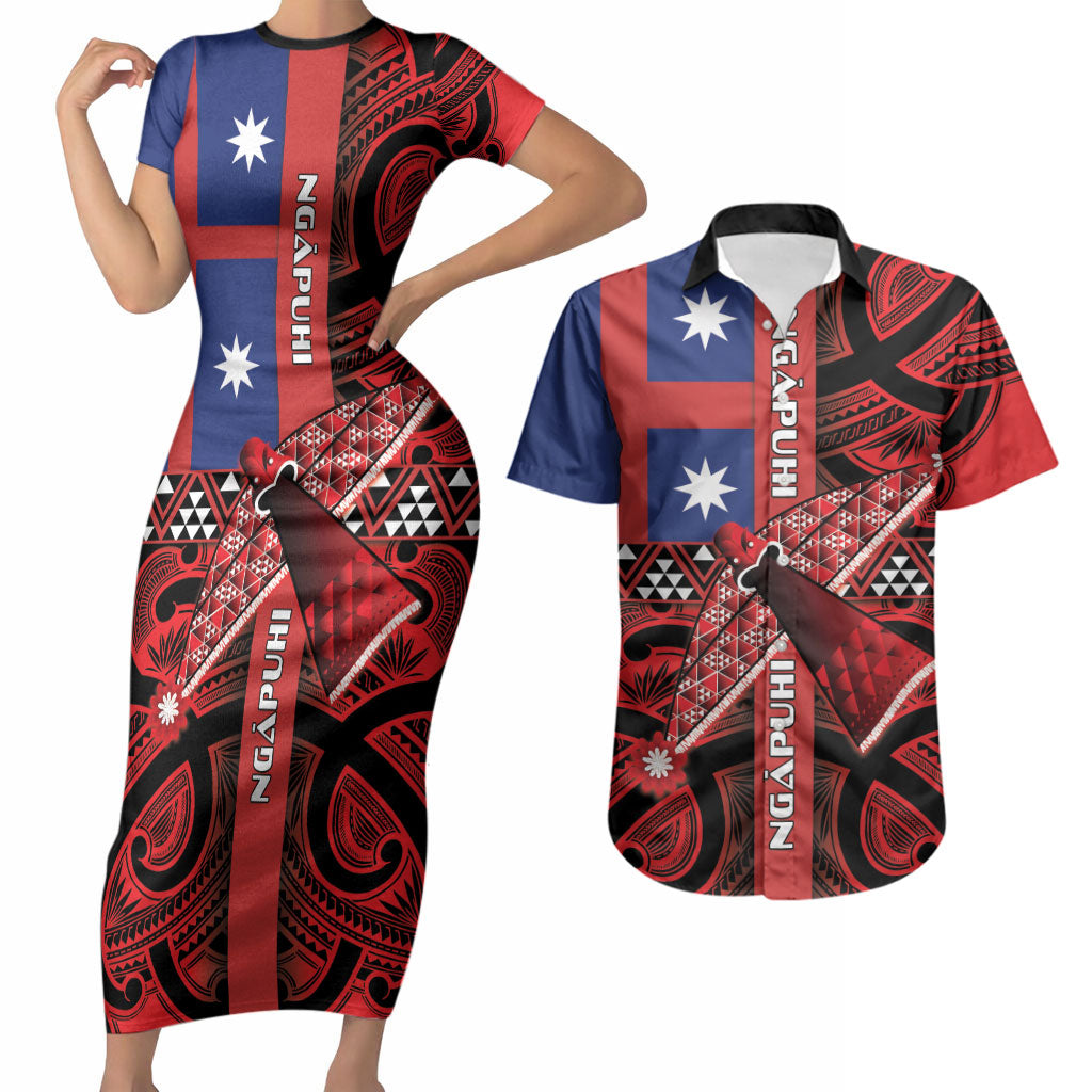 Aotearoa Iwi Ngapuhi Couples Matching Short Sleeve Bodycon Dress and Hawaiian Shirt Tuhoronuku Kite United Tribes Flag Maori Pattern