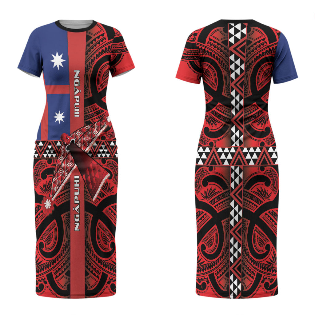 Aotearoa Iwi Ngapuhi Couples Matching Short Sleeve Bodycon Dress and Hawaiian Shirt Tuhoronuku Kite United Tribes Flag Maori Pattern
