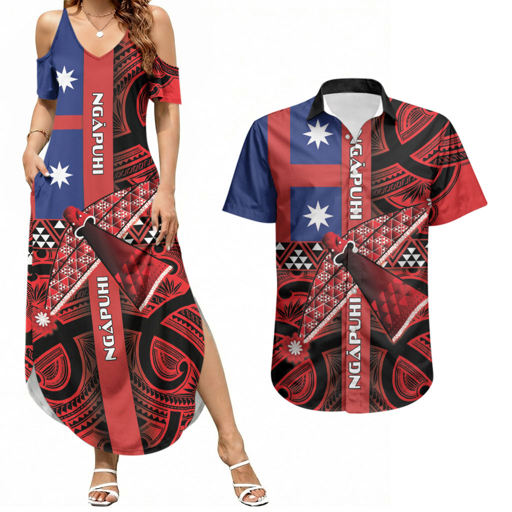 Aotearoa Iwi Ngapuhi Couples Matching Summer Maxi Dress and Hawaiian Shirt Tuhoronuku Kite United Tribes Flag Maori Pattern