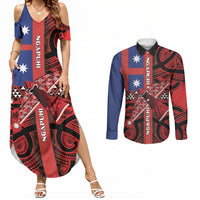 Aotearoa Iwi Ngapuhi Couples Matching Summer Maxi Dress and Long Sleeve Button Shirt Tuhoronuku Kite United Tribes Flag Maori Pattern