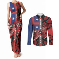 Aotearoa Iwi Ngapuhi Couples Matching Tank Maxi Dress and Long Sleeve Button Shirt Tuhoronuku Kite United Tribes Flag Maori Pattern
