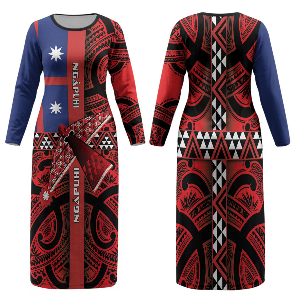 Aotearoa Iwi Ngapuhi Family Matching Long Sleeve Bodycon Dress and Hawaiian Shirt Tuhoronuku Kite United Tribes Flag Maori Pattern