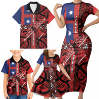 Aotearoa Iwi Ngapuhi Family Matching Short Sleeve Bodycon Dress and Hawaiian Shirt Tuhoronuku Kite United Tribes Flag Maori Pattern