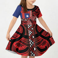 Aotearoa Iwi Ngapuhi Kid Short Sleeve Dress Tuhoronuku Kite United Tribes Flag Maori Pattern