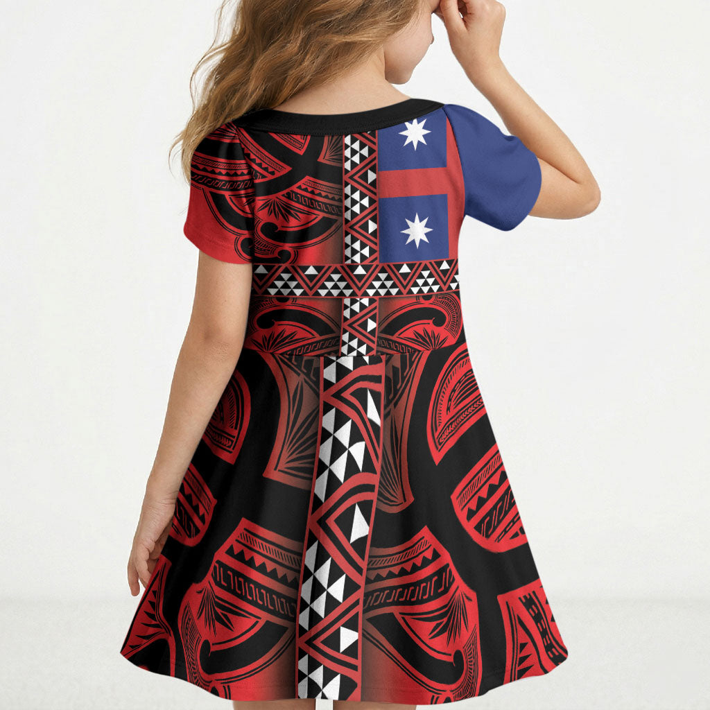 Aotearoa Iwi Ngapuhi Kid Short Sleeve Dress Tuhoronuku Kite United Tribes Flag Maori Pattern