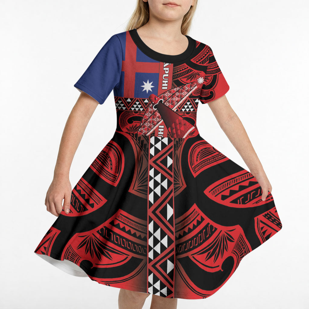 Aotearoa Iwi Ngapuhi Kid Short Sleeve Dress Tuhoronuku Kite United Tribes Flag Maori Pattern