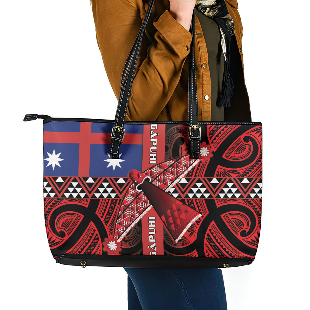 Aotearoa Iwi Ngapuhi Leather Tote Bag Tuhoronuku Kite United Tribes Flag Maori Pattern