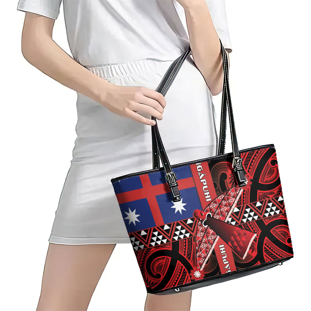 Aotearoa Iwi Ngapuhi Leather Tote Bag Tuhoronuku Kite United Tribes Flag Maori Pattern