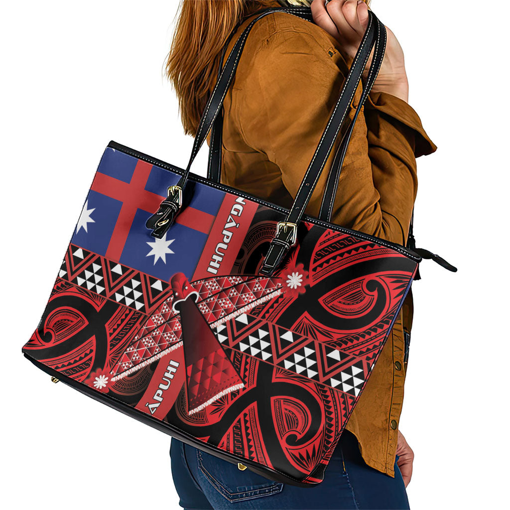 Aotearoa Iwi Ngapuhi Leather Tote Bag Tuhoronuku Kite United Tribes Flag Maori Pattern