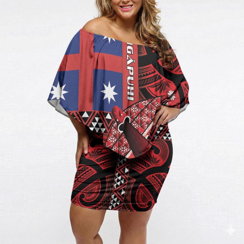 Aotearoa Iwi Ngapuhi Off Shoulder Short Dress Tuhoronuku Kite United Tribes Flag Maori Pattern LT22 Women Red - Polynesian Pride