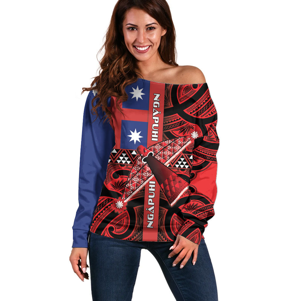 Aotearoa Iwi Ngapuhi Off Shoulder Sweater Tuhoronuku Kite United Tribes Flag Maori Pattern LT22 Women Red - Polynesian Pride