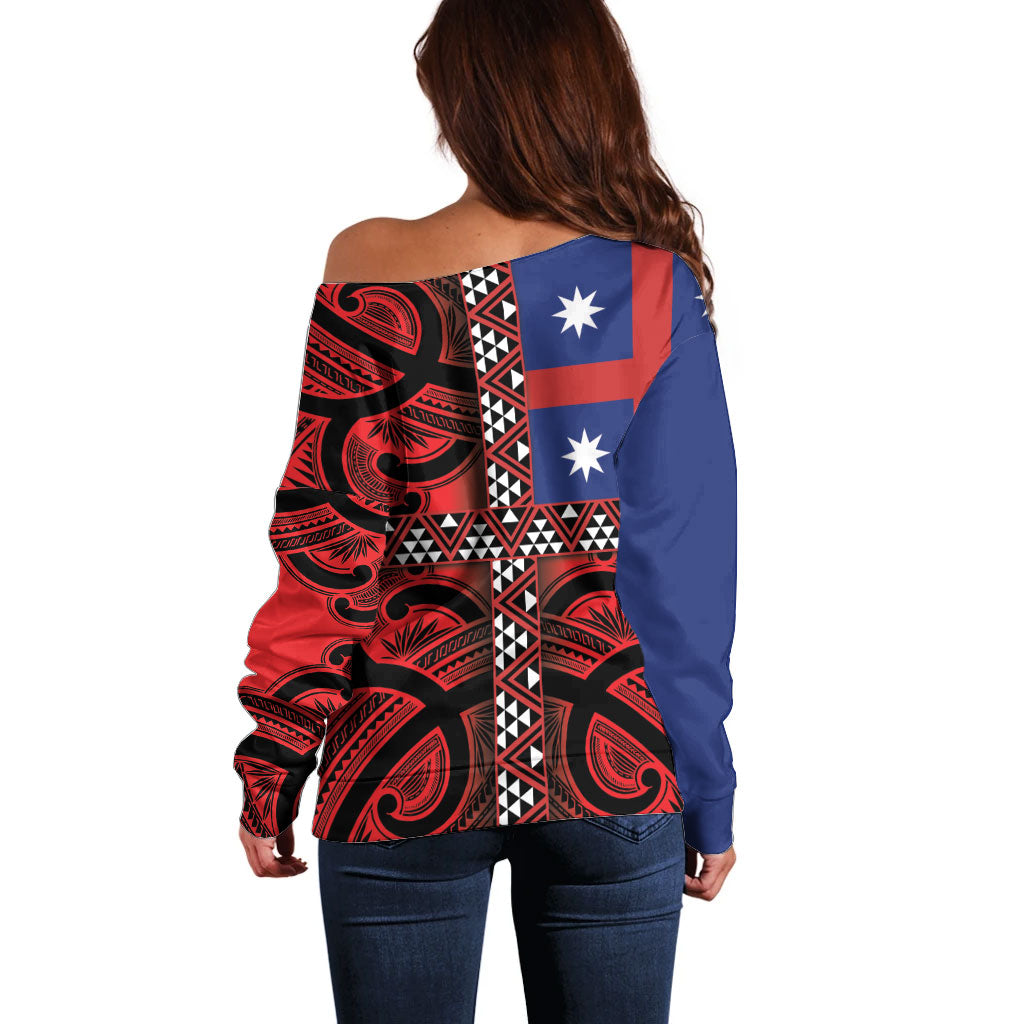 Aotearoa Iwi Ngapuhi Off Shoulder Sweater Tuhoronuku Kite United Tribes Flag Maori Pattern