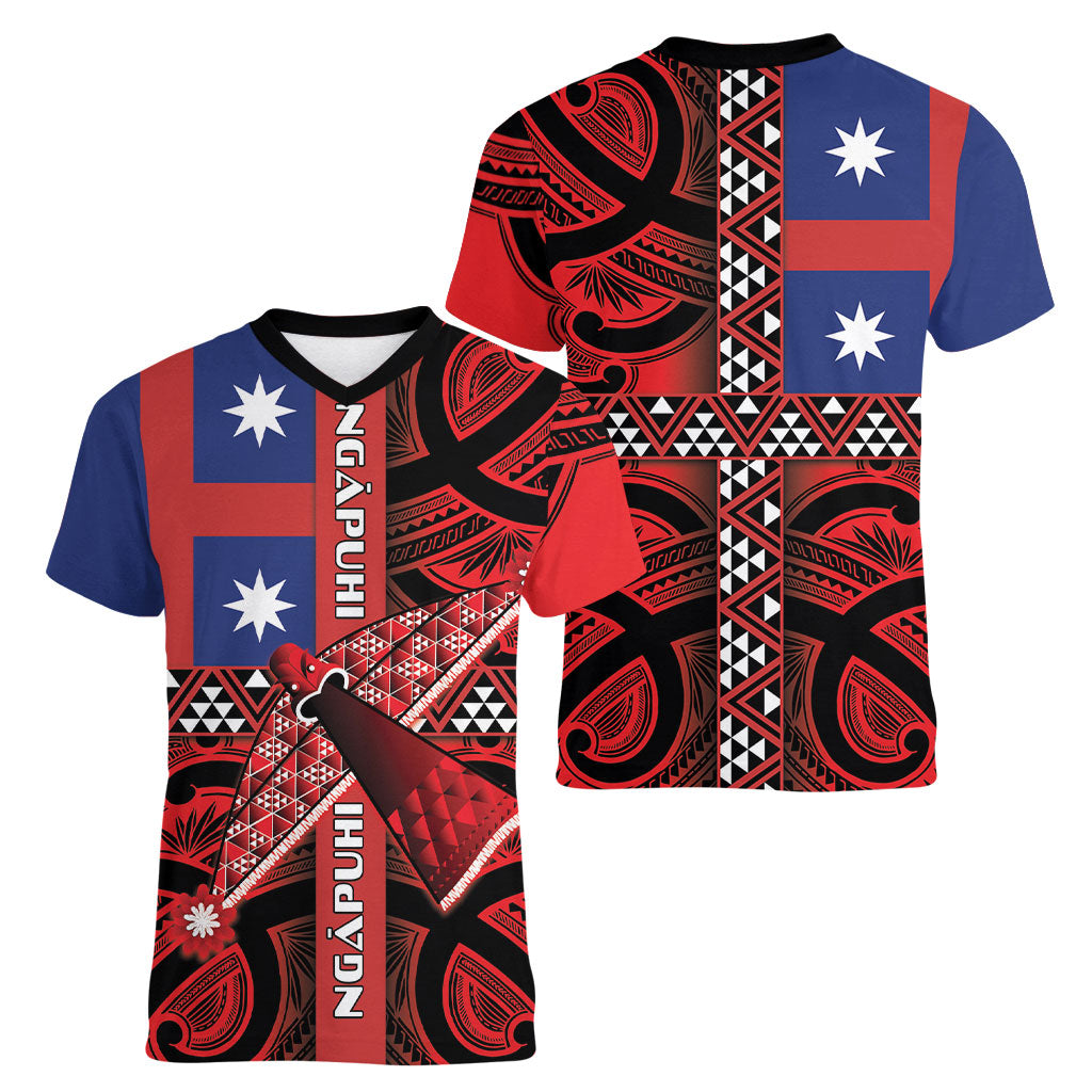 Aotearoa Iwi Ngapuhi Women V-Neck T-Shirt Tuhoronuku Kite United Tribes Flag Maori Pattern