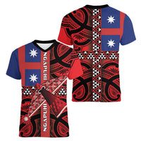 Aotearoa Iwi Ngapuhi Women V-Neck T-Shirt Tuhoronuku Kite United Tribes Flag Maori Pattern