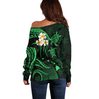 Personalised Niihau Hawaii Off Shoulder Sweater Polynesian Tattoo and Pacific Plumeria Green Vibe LT9 - Polynesian Pride