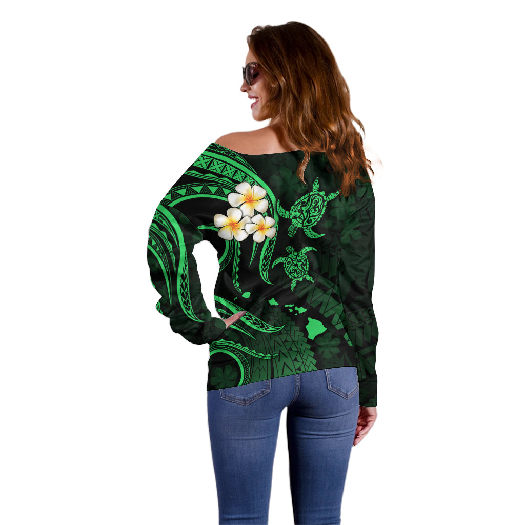 Personalised Niihau Hawaii Off Shoulder Sweater Polynesian Tattoo and Pacific Plumeria Green Vibe LT9 - Polynesian Pride