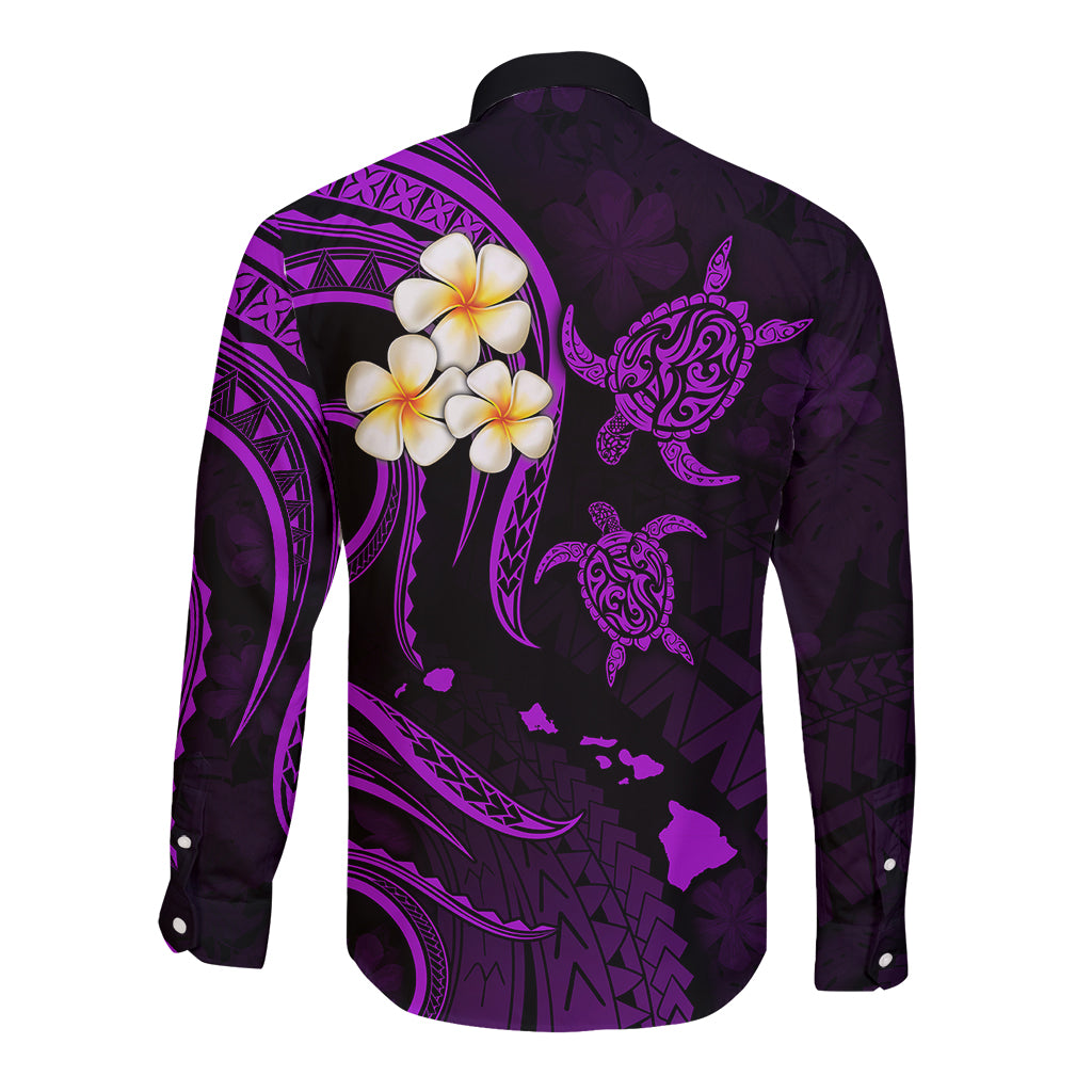 Personalised Niihau Hawaii Long Sleeve Button Shirt Polynesian Tattoo and Pacific Plumeria Purple Vibe LT9 - Polynesian Pride