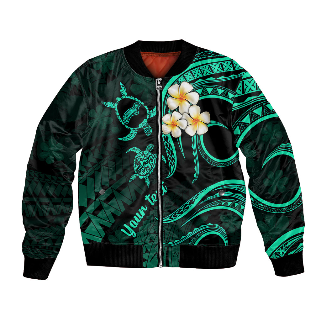 Personalised Niihau Hawaii Bomber Jacket Polynesian Tattoo and Pacific Plumeria Turquoise Vibe LT9 Unisex Turquoise - Polynesian Pride