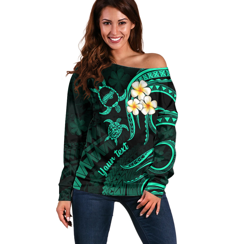 Personalised Niihau Hawaii Off Shoulder Sweater Polynesian Tattoo and Pacific Plumeria Turquoise Vibe LT9 Women Turquoise - Polynesian Pride