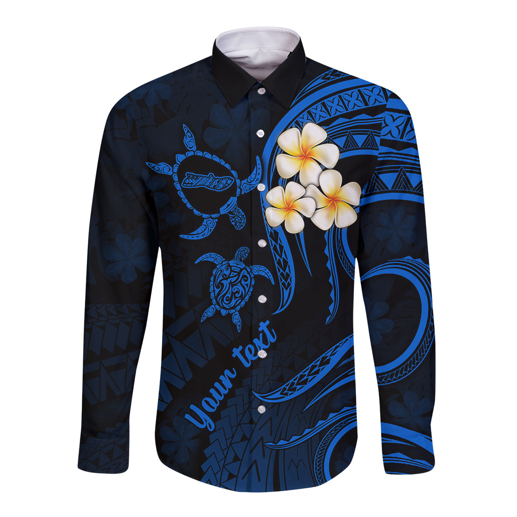 Personalised Molokai Hawaii Long Sleeve Button Shirt Polynesian Tattoo and Pacific Plumeria Blue Vibe LT9 Unisex Blue - Polynesian Pride