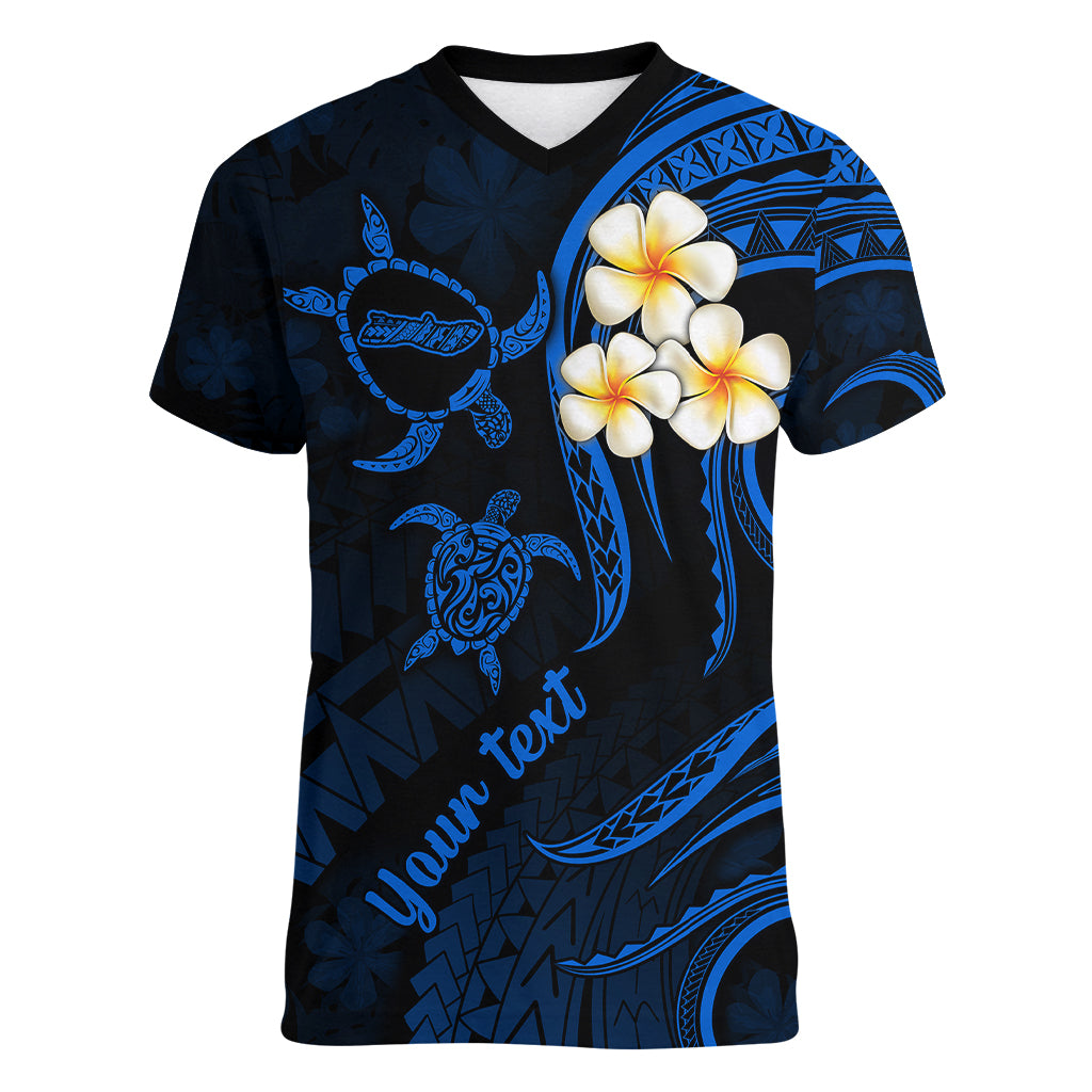 Personalised Molokai Hawaii Women V Neck T Shirt Polynesian Tattoo and Pacific Plumeria Blue Vibe LT9 Female Blue - Polynesian Pride
