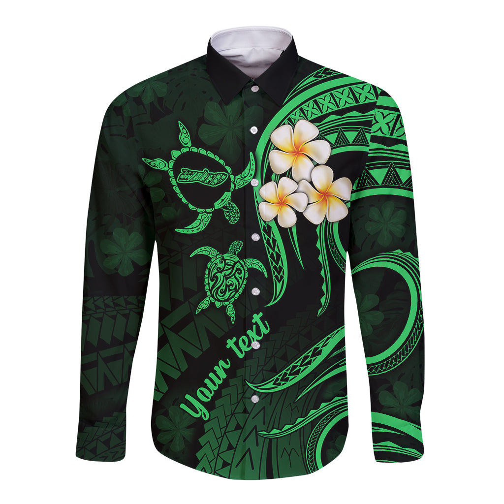 Personalised Molokai Hawaii Long Sleeve Button Shirt Polynesian Tattoo and Pacific Plumeria Green Vibe LT9 Unisex Green - Polynesian Pride