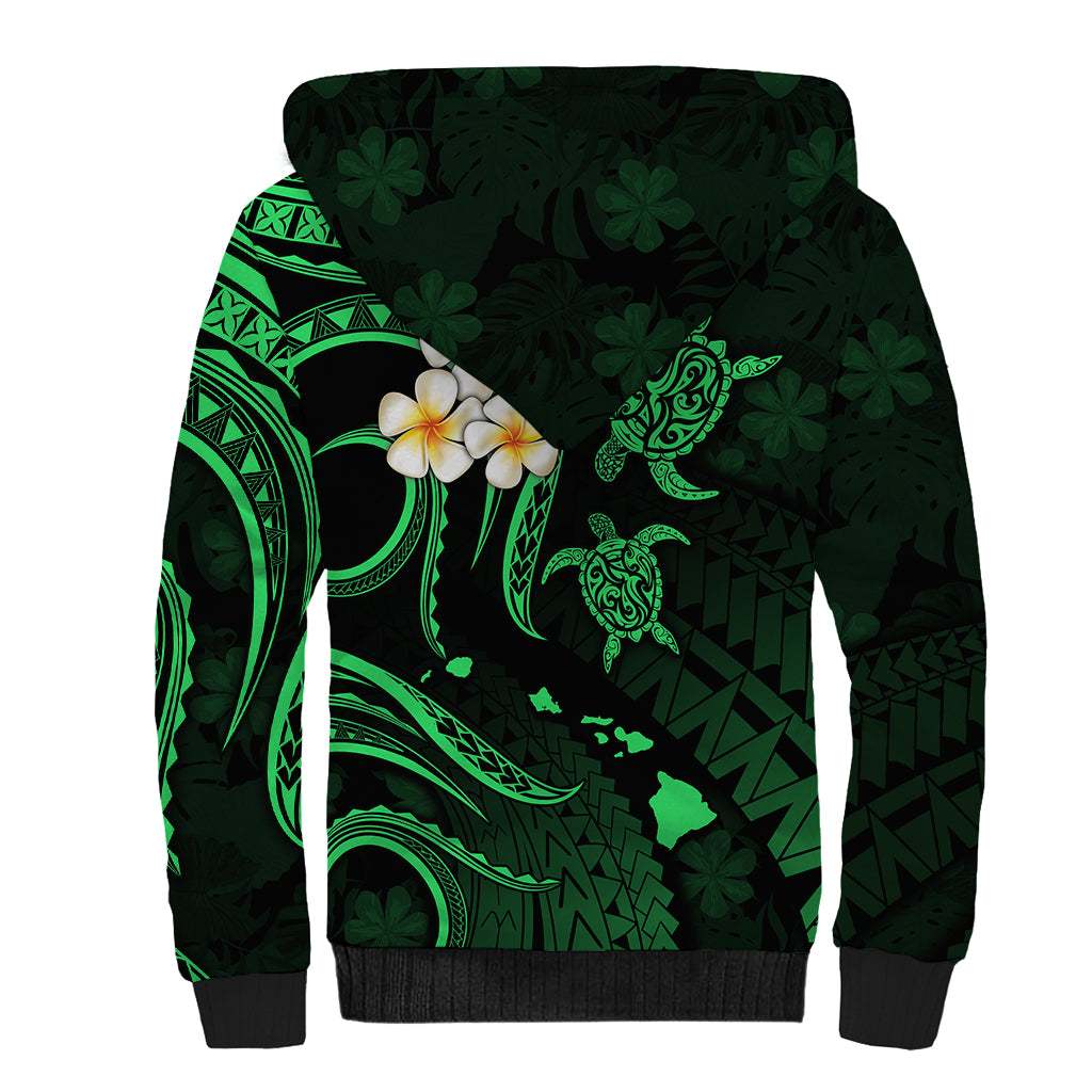 Personalised Molokai Hawaii Sherpa Hoodie Polynesian Tattoo and Pacific Plumeria Green Vibe LT9 - Polynesian Pride
