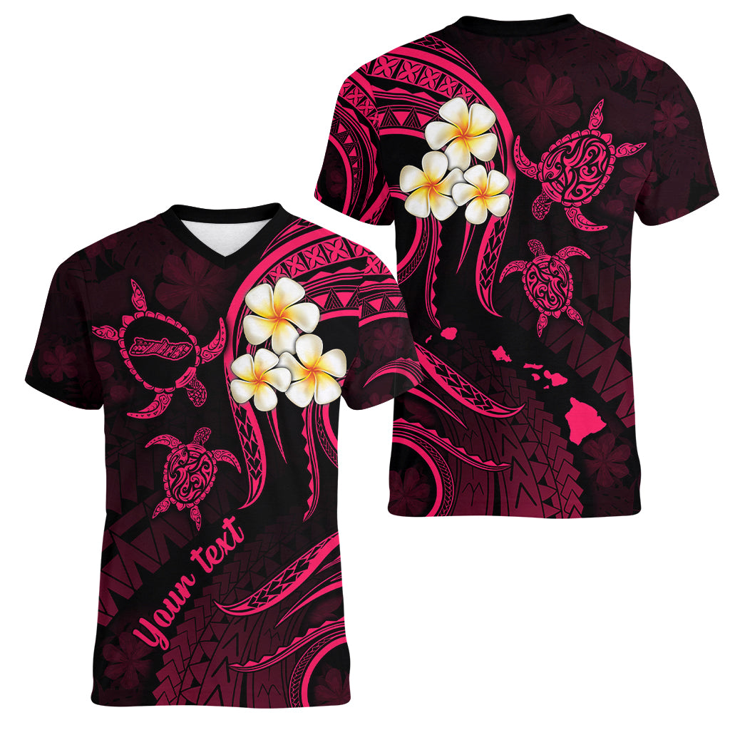Personalised Molokai Hawaii Women V Neck T Shirt Polynesian Tattoo and Pacific Plumeria Pink Vibe LT9 - Polynesian Pride