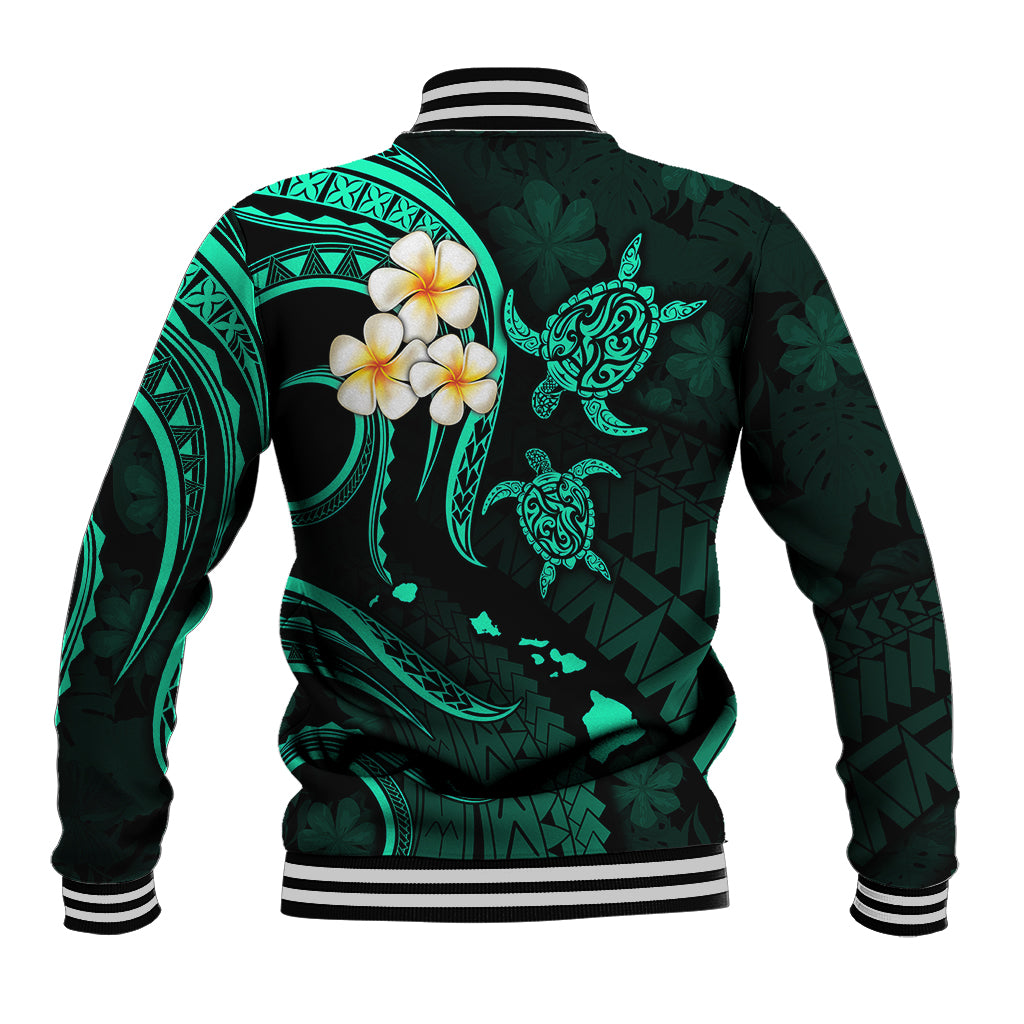 Personalised Molokai Hawaii Baseball Jacket Polynesian Tattoo and Pacific Plumeria Turquoise Vibe LT9 - Polynesian Pride