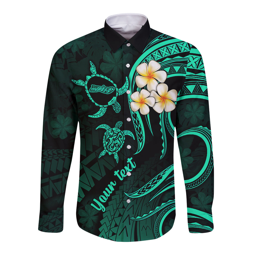Personalised Molokai Hawaii Long Sleeve Button Shirt Polynesian Tattoo and Pacific Plumeria Turquoise Vibe LT9 Unisex Turquoise - Polynesian Pride