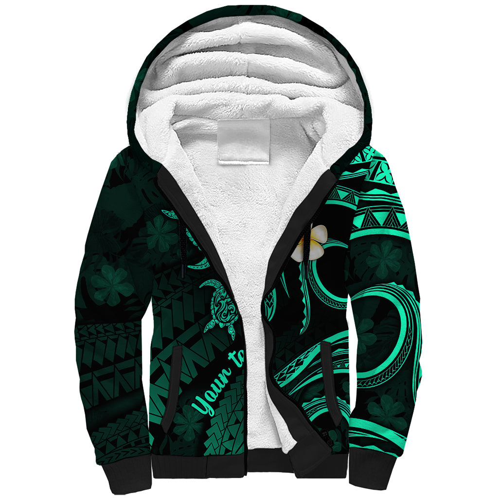 Personalised Molokai Hawaii Sherpa Hoodie Polynesian Tattoo and Pacific Plumeria Turquoise Vibe LT9 Unisex Turquoise - Polynesian Pride
