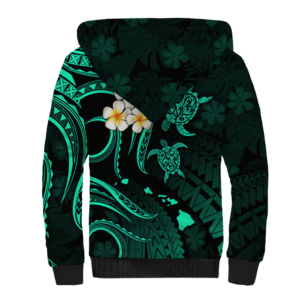 Personalised Molokai Hawaii Sherpa Hoodie Polynesian Tattoo and Pacific Plumeria Turquoise Vibe LT9 - Polynesian Pride