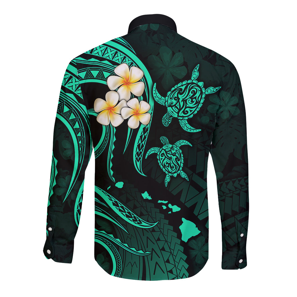 Personalised Lanai Hawaii Long Sleeve Button Shirt Polynesian Tattoo and Pacific Plumeria Turquoise Vibe LT9 - Polynesian Pride
