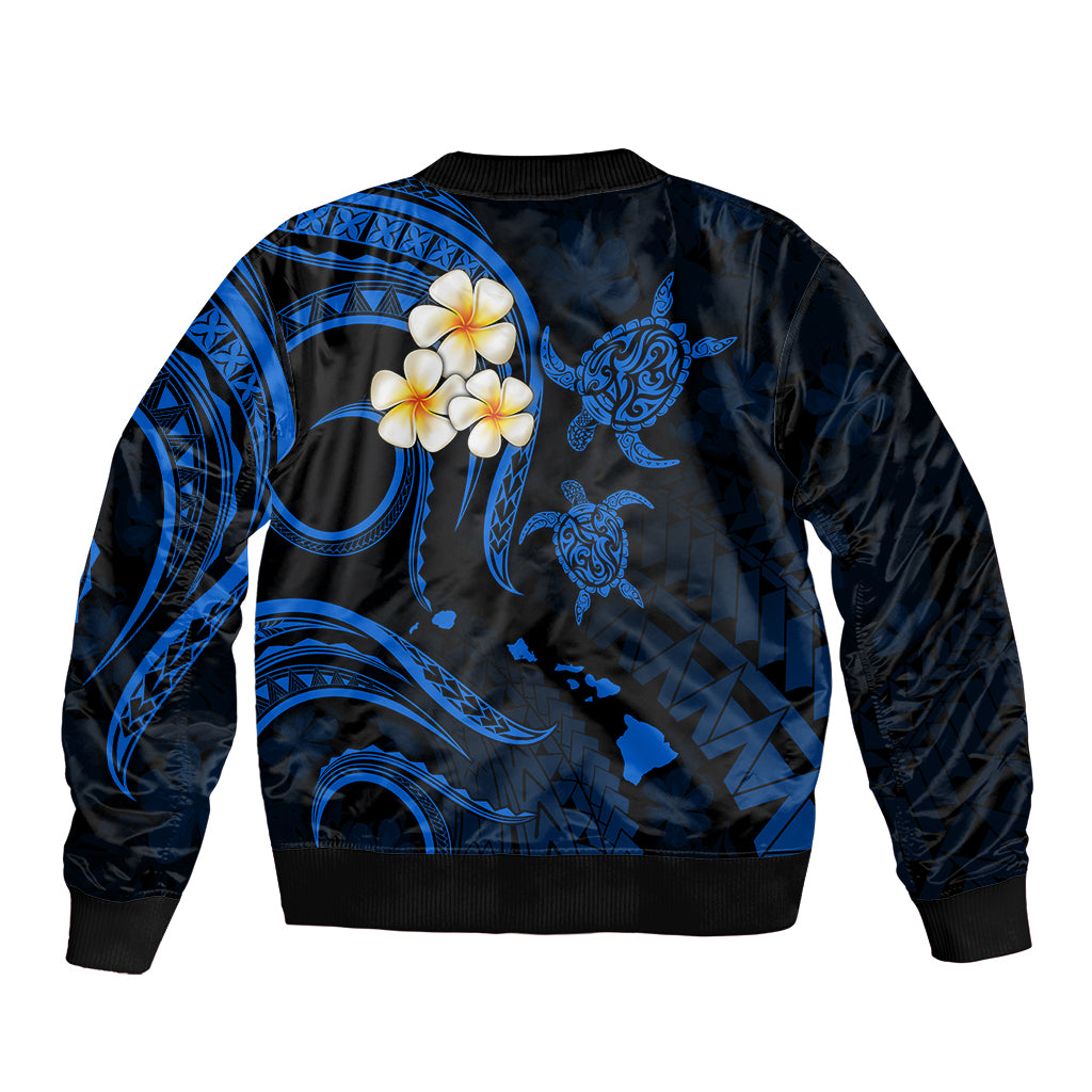 Personalised Kauai Hawaii Bomber Jacket Polynesian Tattoo and Pacific Plumeria Blue Vibe LT9 - Polynesian Pride