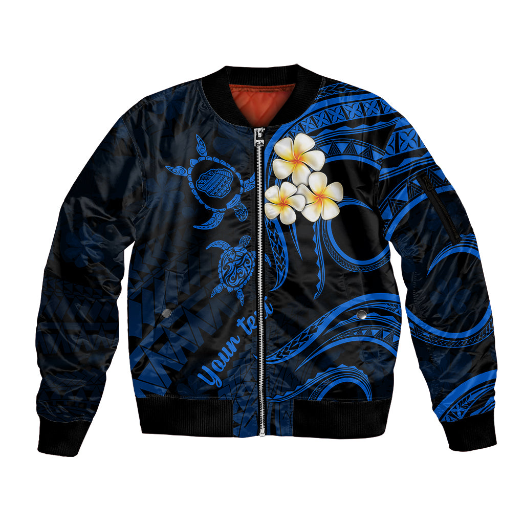 Personalised Kauai Hawaii Sleeve Zip Bomber Jacket Polynesian Tattoo and Pacific Plumeria Blue Vibe LT9 Unisex Blue - Polynesian Pride